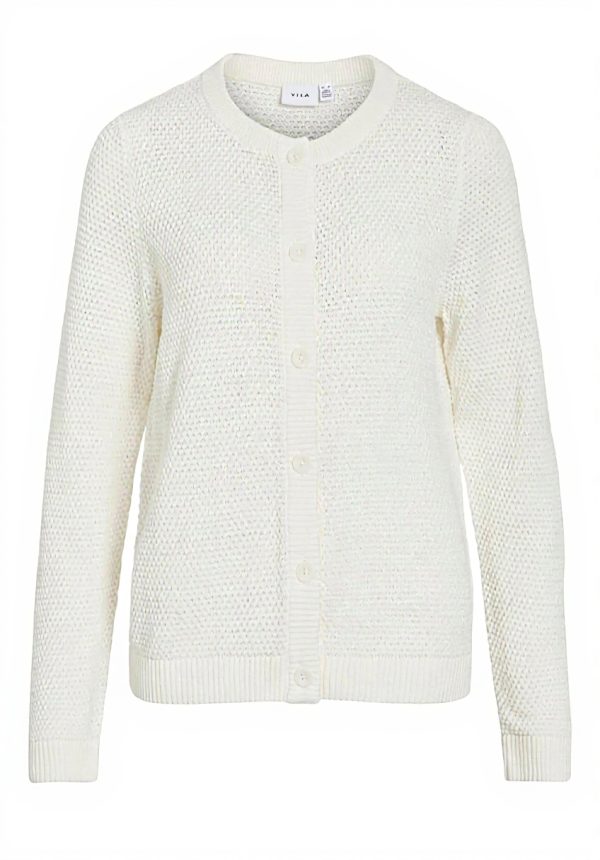 Cardigan Vila Donna Maglione Girocollo Maniche Lunghe Bianco