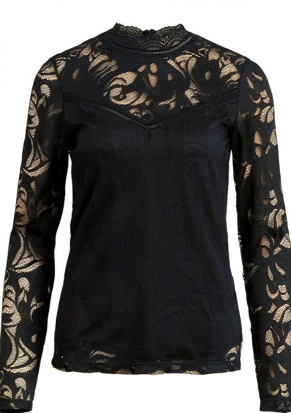 Top Donna VILA Maniche Lunghe Pizzo Nero Moda Casual