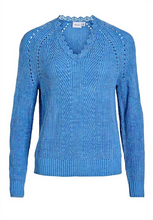 Vila Vioa Maglione Donna V-Neck Pizzo Maniche Lunghe